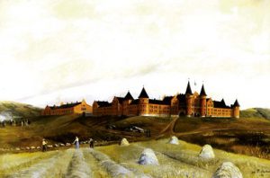 Målning av Kvibergs ängar med nybyggda Kvibergs Kaserner