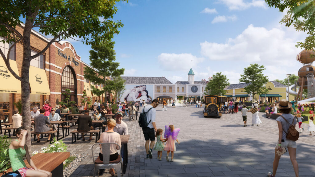 Visualisering av torget medfoodhall, människor som promenerar och sitter på uteserveringar.